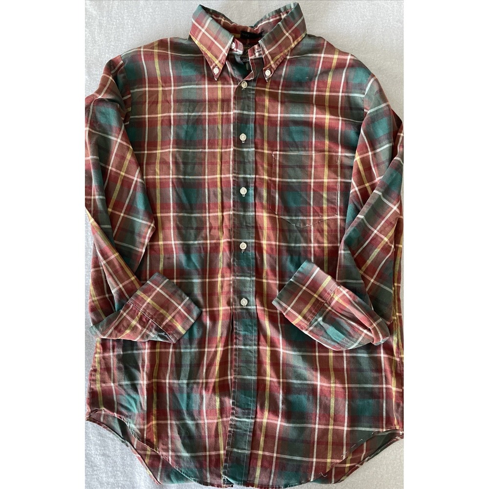 VTG 70's Sears Perma-Prest Button Up Shirt Green Red Med 15-15 1/2